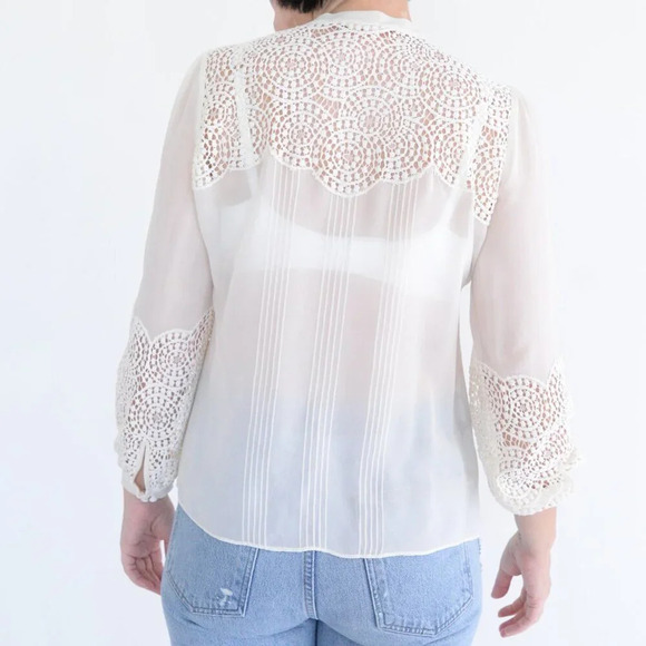 Rebecca Taylor Cream Front Tie Chiffon Eyelet Long Sleeve Blouse 4 - Picture 3 of 12